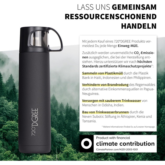 Термос 720DGREE з чашкою 1 л Follow 3 розміри, зберігає температуру 12 годин, холодну 24 години, герметична, без BPA термопляшка з нержавіючої сталі, ізольована для кави, чаю на роботі, в школі, в дорозі 1000 мл, чорний онікс міцний матовий чорний