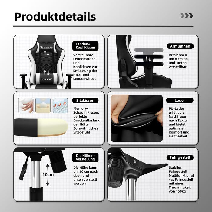 Ігрове крісло, функція гойдання до 170, офісне крісло, ігрове крісло з регульованою поперековою подушкою, підголівником та підлокітниками, ігрове крісло зі зручними подушками сидіння, ігрове крісло вантажопідйомністю 150 кг