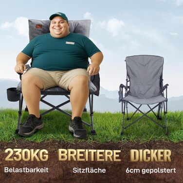 Складаний кемпінговий стілець EVER ADVANCED, вантажопідйомність 230 кг, XL-розмір, ширина сидіння 62 см з бічною кишенею та тримачем для напоїв, великий складний стілець, рибальський стілець для кемпінгу, використання на вулиці, балкон, сад, сірий