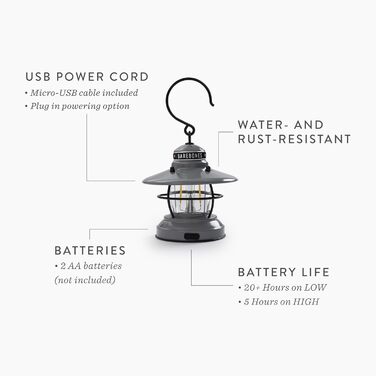 Міні-ліхтар Barebones Edison вінтажний світлодіодний вуличний ліхтар із регулюванням яскравості компактний, всепогодний вуличний світильник для походів, кемпінгу, риболовлі та домашнього декору (сланцево-сірий)