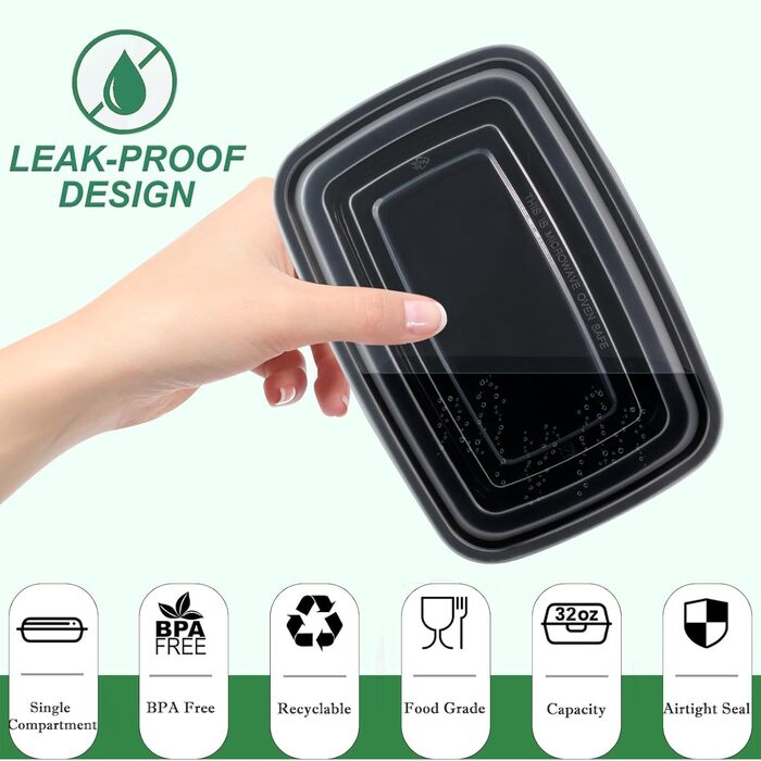 Контейнерів для приготування їжі, багаторазові, без бісфенолу А, з кришками, з міцного пластику, штабелюються, можна використовувати в мікрохвильовій печі, морозильній камері та мити в посудомийній машині (1000 мл/32 унції), 50