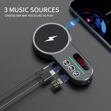 Для FM-передавача MagSafe Bluetooth потужністю 15 Вт - Гучний зв'язок, басовий звук HiFi, швидке заряджання, підтримка карт TF/SD, світлодіодний індикатор, вентиляційні отвори - Сумісний з iPhone 15 14 13 12 Pro Max 20 шт. Потужність чорний 01