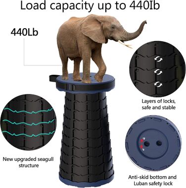 Телескопічний стілець, складаний, легкий та портативний, стілець для дорослих, кемпінговий стілець для походів, риболовлі, подорожей, барбекю, максимальне навантаження 200 кг, з сумкою для перенесення морського класу