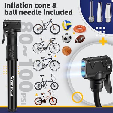 Міні-велосипедний насос West Biking - алюмінієвий повітряний насос для всіх вентилів, портативний маленький велосипедний насос, швидке накачування шин, легкий міні-велосипедний насос для гірського велосипеда, шосейного велосипеда, насос для кульок 1