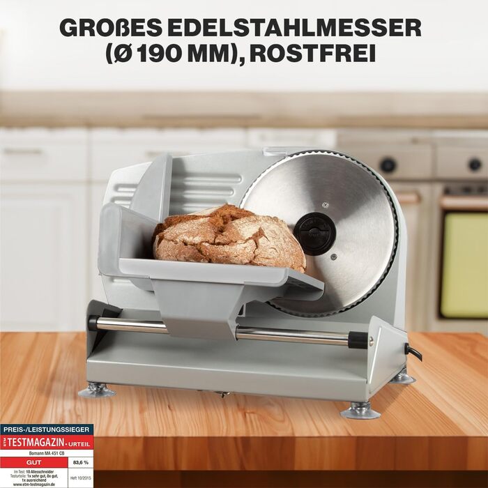 Нарізка їжі Bomann з ножем з нержавіючої сталі Ø 190 мм Електрична хліборізка з плавним регулюванням товщини різання (015 мм) Різальний верстат з металевим корпусом 150 Вт МА 451 ЦБ