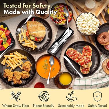 Набір посуду для кемпінгу з нержавіючою сталлю, міцний пластиковий посуд, легкий, яскравий та багаторазовий для пікніків, барбекю та саду, придатний для миття в посудомийній машині, чорний