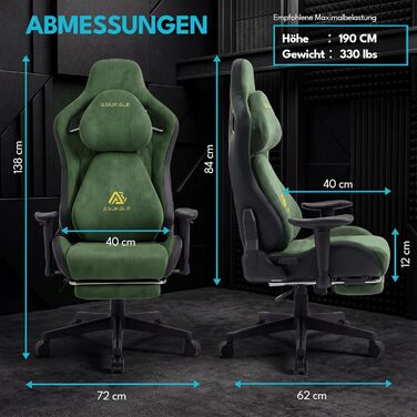 Ігрове крісло, офісне крісло, ергономічне, дихаюче ігрове крісло зі штучної замші, робоче крісло з підставкою для ніг, підголівником та поперековою подушкою, 3D-підлокітники, спинка 90-155, зелене