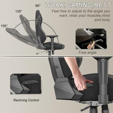 Ігрове крісло велике та широке - ергономічне офісне крісло з функцією нахилу 155, підтримкою голови та попереку, крісла для відпочинку темно-сірого кольору