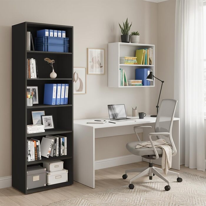 Книжкова полиця Bellamio Apol на 6 полиць - Антрацитово-чорна окремостояча полиця - Відкрита дерев&39яна полиця - Міцна полиця для вітальні, офісу та кабінету - Регульована по висоті полиця для документів 176x60x33 см Антрацитово-відкрита