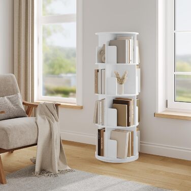 Поворотна книжкова полиця на 360 градусів, 4 яруси, 16 відділень, стояча полиця, поворотна полиця, офісна полиця, декоративна полиця, полиця для зберігання, для вітальні, спальні, офісу, дитячої кімнати, біла, 44xH127,4 см 0044SHG 44 x 127,4 см ( x h) біл