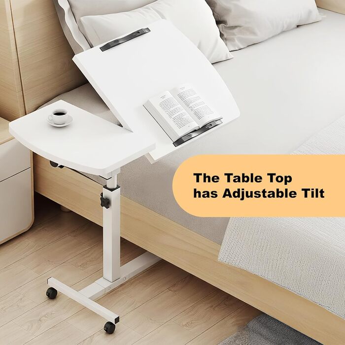 Мобільний столик для ліжка на колесах, регульована висота бічного столика 60-90 см та кут нахилу, столик для догляду за ліжком, столик для ноутбука, столик для дивана на колесах, столик для стояння зі звукоізоляцією (білий)