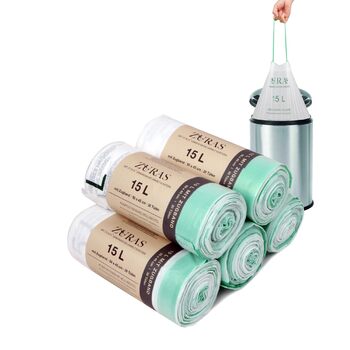 Літрові пакети для органічних відходів зі шнурком, 150 шт. Компостовані, біорозкладні пакети для відходів, сертифіковані та перевірені за стандартом DIN EN 13432, стійкі до розривів та водонепроникні., 15-