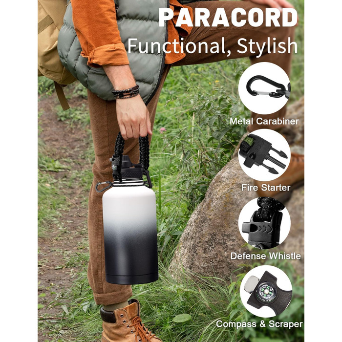 Ізольована пляшка для води з соломинкою - 1,8-літрова колба-термос з нержавіючої сталі з соломинкою для носика, кришкою, паракордо