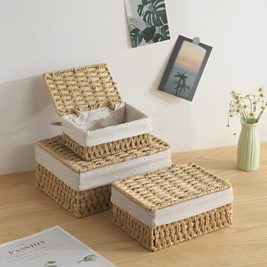 Набір кошиків із 3 предметів з кришками, плетені кошики для зберігання 3 розмірів, плетені кошики з паперової мотузки, підкладка для зберігання у ванних кімнатах, косметики, стільниць та шаф.