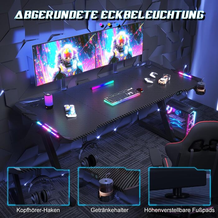 Ігровий стіл JUMMICO 160 x 60 см з RGB LED-підсвіткою