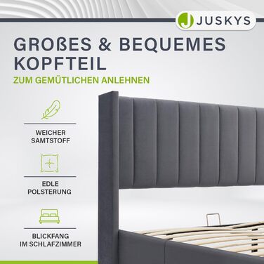 Ліжко Juskys Savona з м&39якою поверхнею 120x200 см, ліжко з місцем для зберігання, рейкова основа, оксамитовий чохол, дерев&39яний каркас ліжка, до 250 кг, велике узголів&39я, темно-сірий колір 120 x 200 см