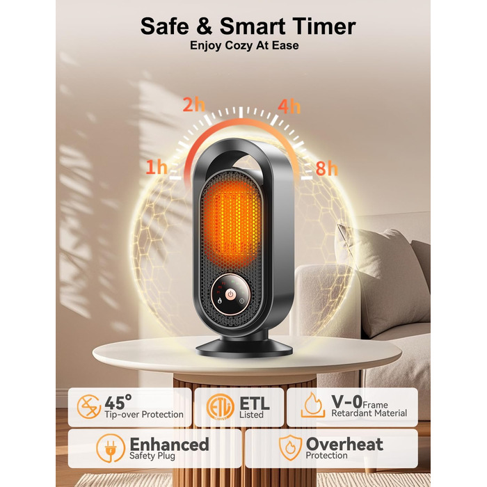 Електричний вентилятор-обігрівач, портативний кімнатний обігрівач, енергозберігаючий швидкий PTC-обігрівач потужністю 1500 Вт, керамічний вентилятор-обігрівач з термостатом, таймером та 3 режимами, захист від перегріву та перекидання для офісу та спальні