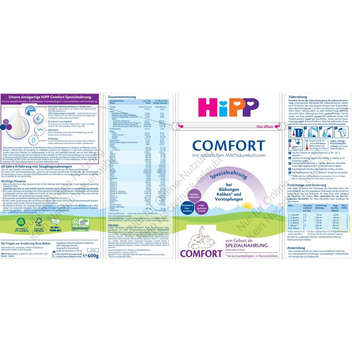 Спеціальний корм HiPP Comfort (4 x 600 г), з народження, зі зниженим вмістом лактози, для дієтичного лікування кольок, метеоризму та закрепів. Новинка спеціального корму Comfort
