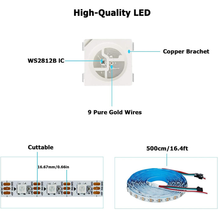 В WS2812B індивідуально адресована світлодіодна стрічка COB 5M 160 світлодіодів / м Гнучка світлодіодна стрічка RGB Повнокольорова Dream Color IP20 Неводонепроникна світлодіодна стрічка для домашньої вечірки (біла друкована плата, 300 світлодіодів/5 м), 5