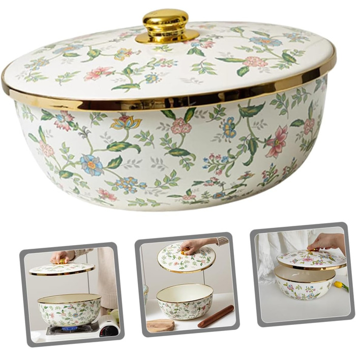 Емальована миска для супу Alipis з кришкою, велика кухонна миска для змішування 29 см, багатоцільова емальована миска для зберігання та приготування їжі