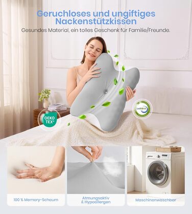 Подушка з піни з ефектом пам&39яті, ортопедична подушка для шиї 2 в 1, ергономічна подушка для підтримки шиї, регульована по висоті подушка для сну на боці, спині та животі, 60x41,5x10/12 см, білого та сірого кольорів