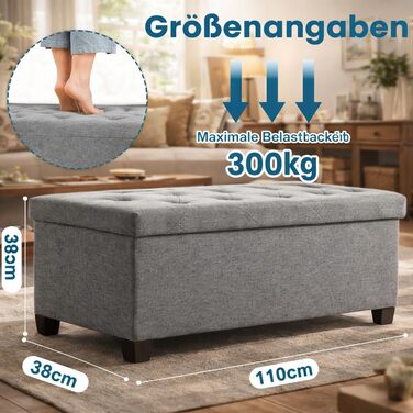 Лавка для зберігання DUMOS, Коробка для зберігання з кришкою, 110 x 38 см, Скриня-лавка для зберігання, Пуф для зберігання, Вантажопідйомність до 150 кг, Пуф для ніг для вітальні, спальні, гуртожитку, Сірий 110 x 38 x 38 см Сірий