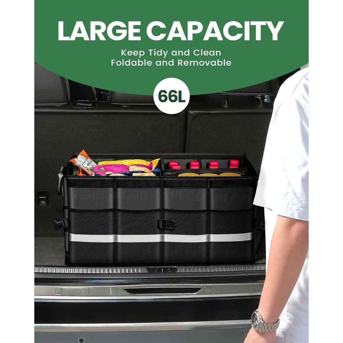 Органайзер для багажника WINHUNT, автомобільний органайзер для зберігання речей з водонепроникним кишенею, складний органайзер з багатьма відділеннями для автомобіля, позашляховика, седана, пікапа (Чорний, 66л) Чорний 66л