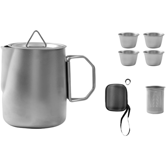 Набір для чаю з нержавіючої сталі 304, портативний для кемпінгу, подорожей на природі чайник з фільтром та 4 чашки, з герметичним носиком, компактний дизайн