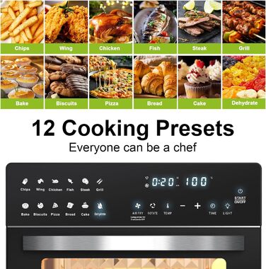 Міні-духовка для фритюрниці LLIVEKIT 26 л, фритюрниця XXL потужністю 1700 Вт з 12 програмами та книгою рецептів, конвекційна піч із цифровим світлодіодним дисплеєм, фритюрниця з попереднім нагріванням, підтримання тепла та розігрівання 26 л чорний