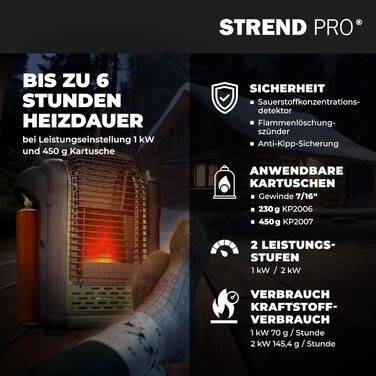 Газовий обігрівач для намету STREND PRO 2 кВт з 1 газовим картриджем для кемпінгу, портативний газовий обігрівач для приміщень, наметів, кемпінгу, риболовлі, полювання, міні-газовий обігрівач з датчиком кисню, мобільний