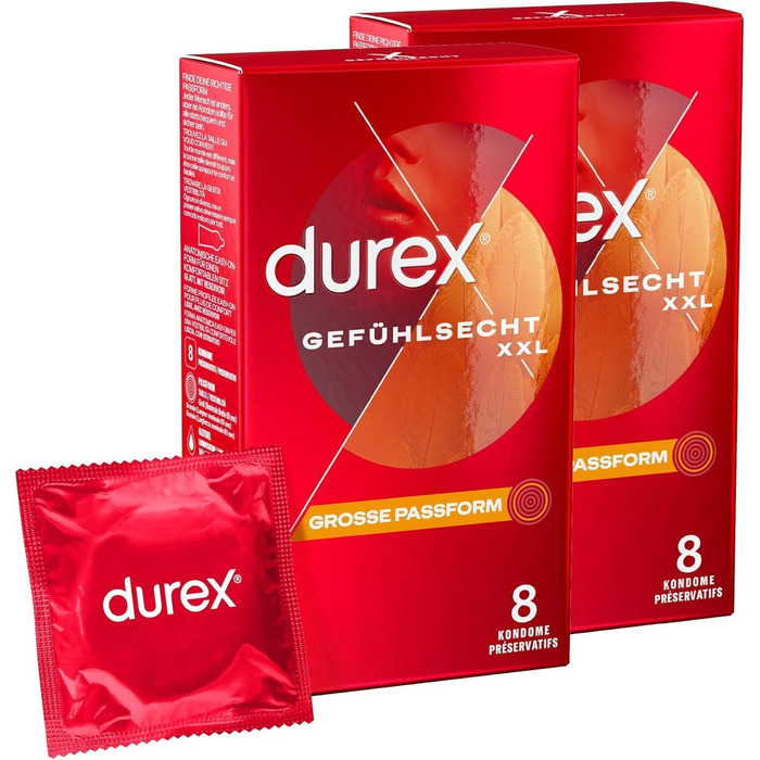 Презервативи Durex Feeling XXL - Приємний запах, ідеальна посадка та легке розкручування - Чудова посадка, тонка, зволожена, дерматологічно протестована та протестована в електронному вигляді - Упаковка 20 шт. (2 x 10 шт. ) 8 шт. (2 упаковки)