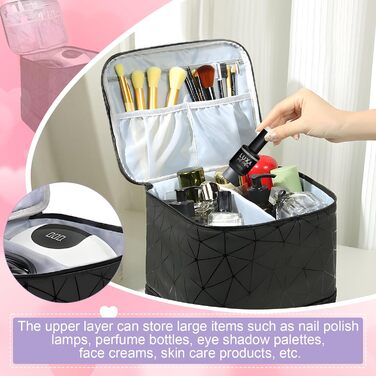 Портативна сумка для зберігання лаку для нігтів HA BIN, двошарова сумка-органайзер для лаку для нігтів на 30 пляшечок 1 лампа, водонепроникна з відділеннями, косметичка для подорожей, чорна
