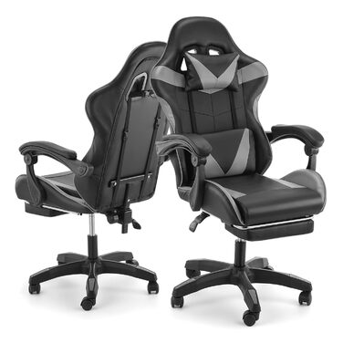 Ігрове крісло, комп&39ютерне крісло з підставкою для ніг та поперековою подушкою, ергономічне гоночне ігрове крісло з регульованим підголівником, офісне крісло, ігрове крісло вантажопідйомністю 150 кг (чорно-сіре).