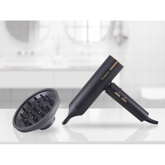 Безщітковий фен BEPER P301ASC010, 1800 Вт, 3 швидкості, 3 температурні режими, LED-індикатор температури, функція самоочищення сітки, чорний, з аксесуарами
