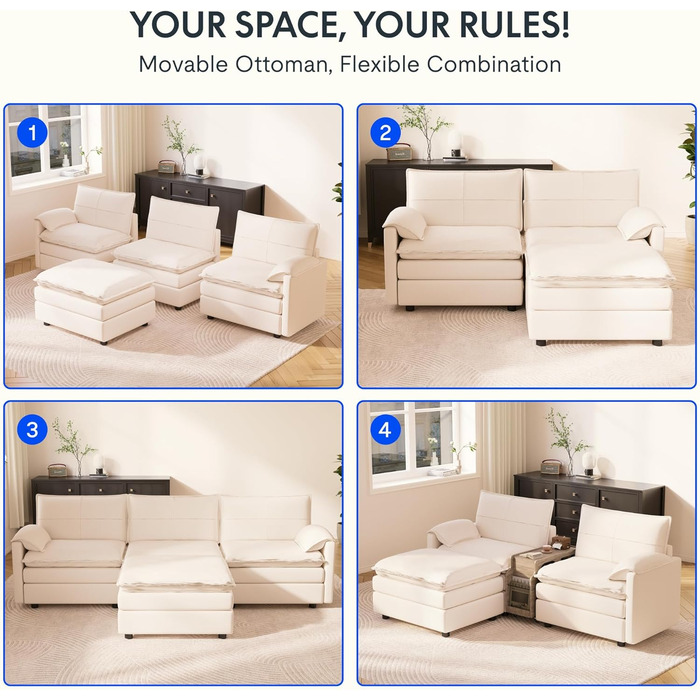 Диван FLEXISPOT на 4 особи, L-подібний кутовий диван з пуфом та місцем для зберігання речей, модульний компактний диван для вітальні, білий, 255 x (7258) x 116 см