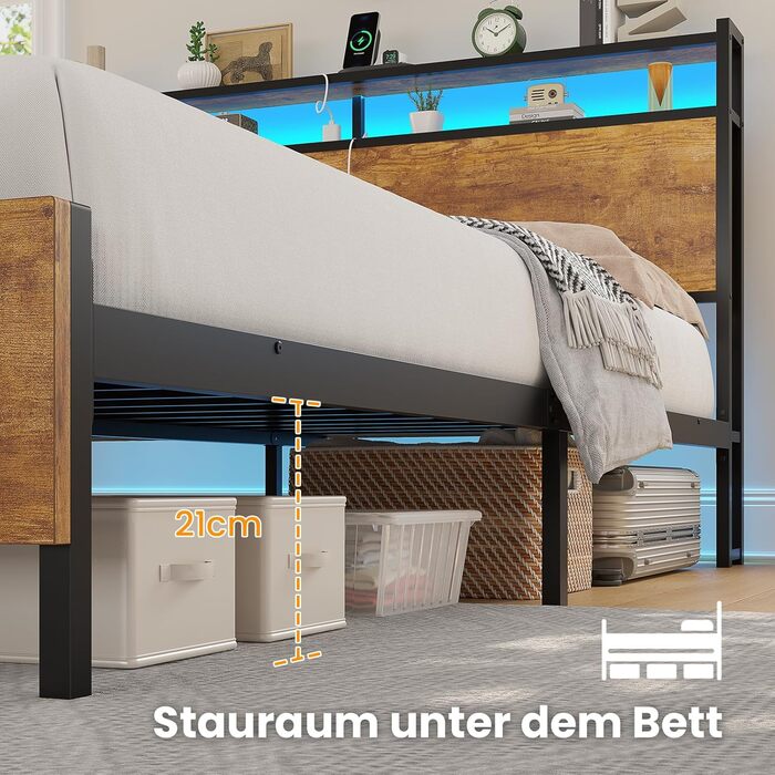 Ліжко 120x200 см зі світлодіодним освітленням та 2 USB 2 розетками змінного струму. Металевий каркас ліжка 120x200 з металевим каркасом та дерев&39яним узголів&39ям з місцем для зберігання речей, каркас двоспального ліжка. Міцне та стійке. Легке складання