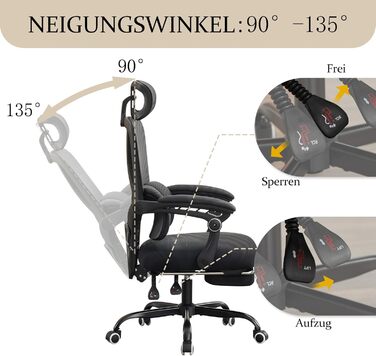 Ергономічне офісне крісло UEV з підставкою для ніг, чорне, крісло для домашнього офісу, обертове крісло, письмове крісло, нахил до 135, регулювання висоти, вантажопідйомність до 150 кг, повітропроникна тканина, для домашнього офісу