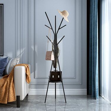 Підлогова вішалка для передпокою дерево - чорна вішалка висотою 180 см з полицею і 9 гачками для сумочки-куртки-шарфа, Freestandin