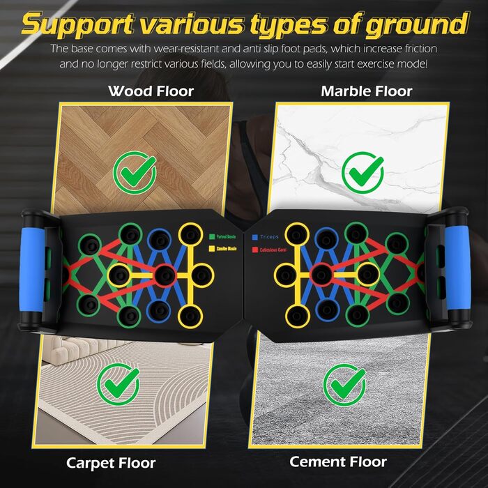 Дошка для віджимань 24-в-1 з ручками для віджимань, 2 натяжні мотузки, 20 клейких подушечок, сумка, паралелети, вантажопідйомність 150 кг, домашнє фітнес-обладнання