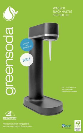 Виробник газованої води greensoda (чорний) - екологічна газована вода без пластику - повний пакет, включаючи балон CO2 та 1 літрову ПЕТ-пляшку