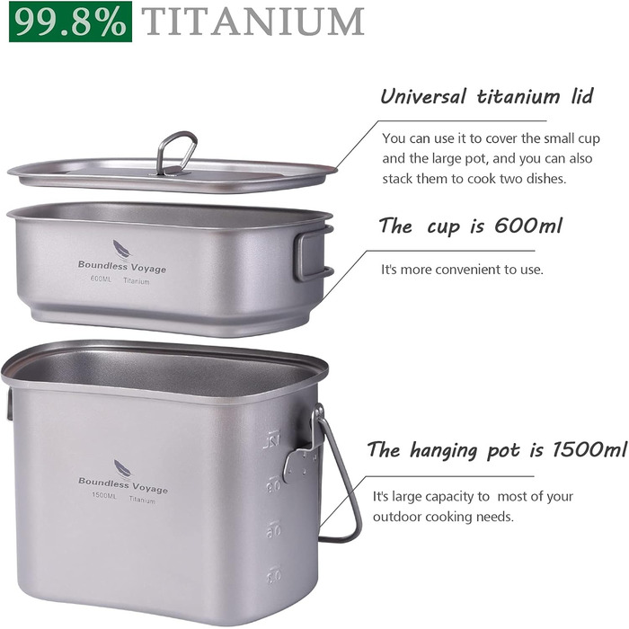 Набір мірних чашок для фляги Boundless Voyage з титану, що використовується у кемпінгових та підвісних кухонних пристроях, у формі нирки, з кришкою та ручками Ti2059C