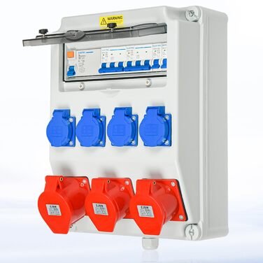 Настінний розподільний щиток живлення, попередньо підключений, 4 шт. 230 В 2 шт. CEE 16 A CEE 32 A, розподільний щиток живлення для будівельного майданчика з пристроєм захисного відключення (RCD) 50 А та автоматичним вимикачем, водонепроникний корпус IP67