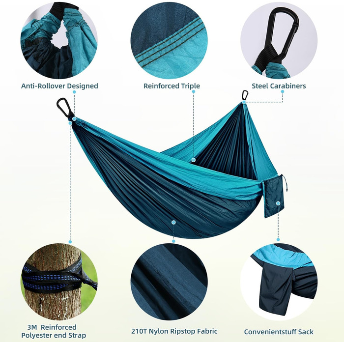 Гамак для кемпінгу на відкритому повітрі, вантажопідйомність 300 кг (300 x 200 см), одинарний або подвійний, надлегкий, портативний, дорожній гамак, садовий, пляжний, подвійний гамак, гамак-парашут, нейлоновий, дихаючий, зелений