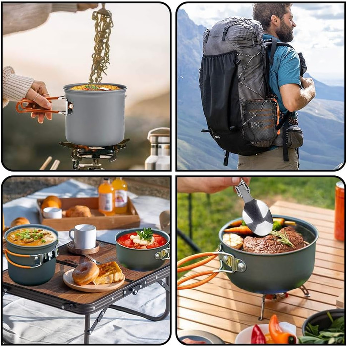 Набір посуду для кемпінгу, портативний, ультралегкий. Складаний посуд каструля, сковорода для туризму, походів та пікніків. Великий об'єм, помаранчевий колір.