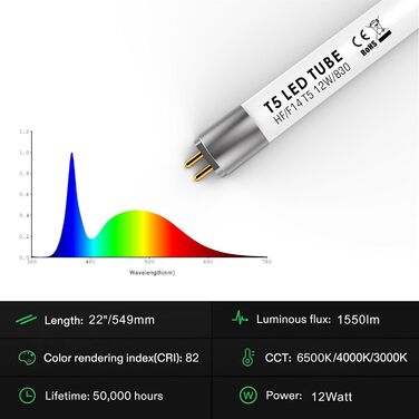 Світлодіодна трубка IHYCTV T5, 549мм, заміна на люмінесцентні лампи, F14T5, 12W, 1550lm, 3000K, 830, теплий білий, цоколь G5, робота з відповідним ЕПРА, 140 градусів, без відблисків