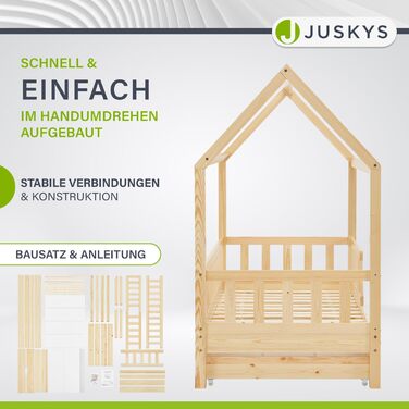 Дитяче ліжко Juskys Marli 90 x 200 см з 2-секційним ящиком для зберігання, захисними поручнями, рейковою основою та дахом - Ліжко-будиночок з масиву дерева для дітей - Ліжко з натурального дерева 90 x 200 см