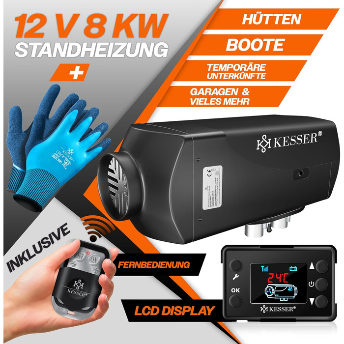 Дизельний обігрівач KESSER 8 кВт Дизельний обігрівач 12 В/24 В з таймером, РК-дисплеєм та пультом дистанційного керування Швидкий нагрів Повітряний обігрівач з глушником та термостатом (чорний, 8 кВт) Чорний 8 кВт