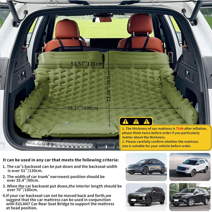 Надувний матрац EULANT SUV для багажника автомобіля, ліжко для автомобіля Tesla Model Y, портативний автомобільний матрац з подушкою, подвійний кемпінговий килимок для сну для подорожей/багажника, матрац для сну автомобіля - зелений