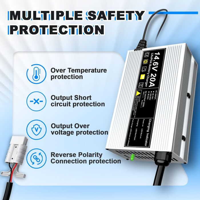 Зарядний пристрій LiFePO4 14,6 В 20 А для літій-залізофосфатних акумуляторів 12 В (12,8 В), швидка зарядка, захищає акумулятор