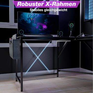 Геймерський стіл Supfine L-подібної форми з кронштейном для монітора, текстура з вуглецевого волокна, кутовий стіл з розетками та USB-портами, відділенням для зберігання речей (чорний)